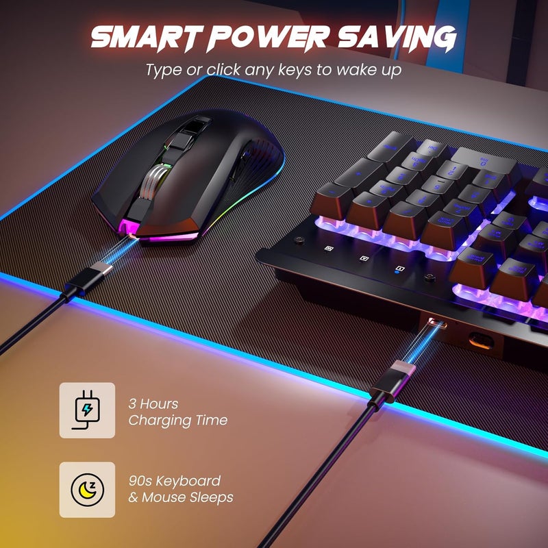 RisoPhy Wireless Gaming Keyboard and Mouse Combo, Metal Panel, 7 Color Backlits, Rechargeable 3200 mAh Battery, Wrist Rest, Sleep Mode, Light Up Keyboard + 7D 3200DPI Gaming Mice for PC Gamer - Image 3